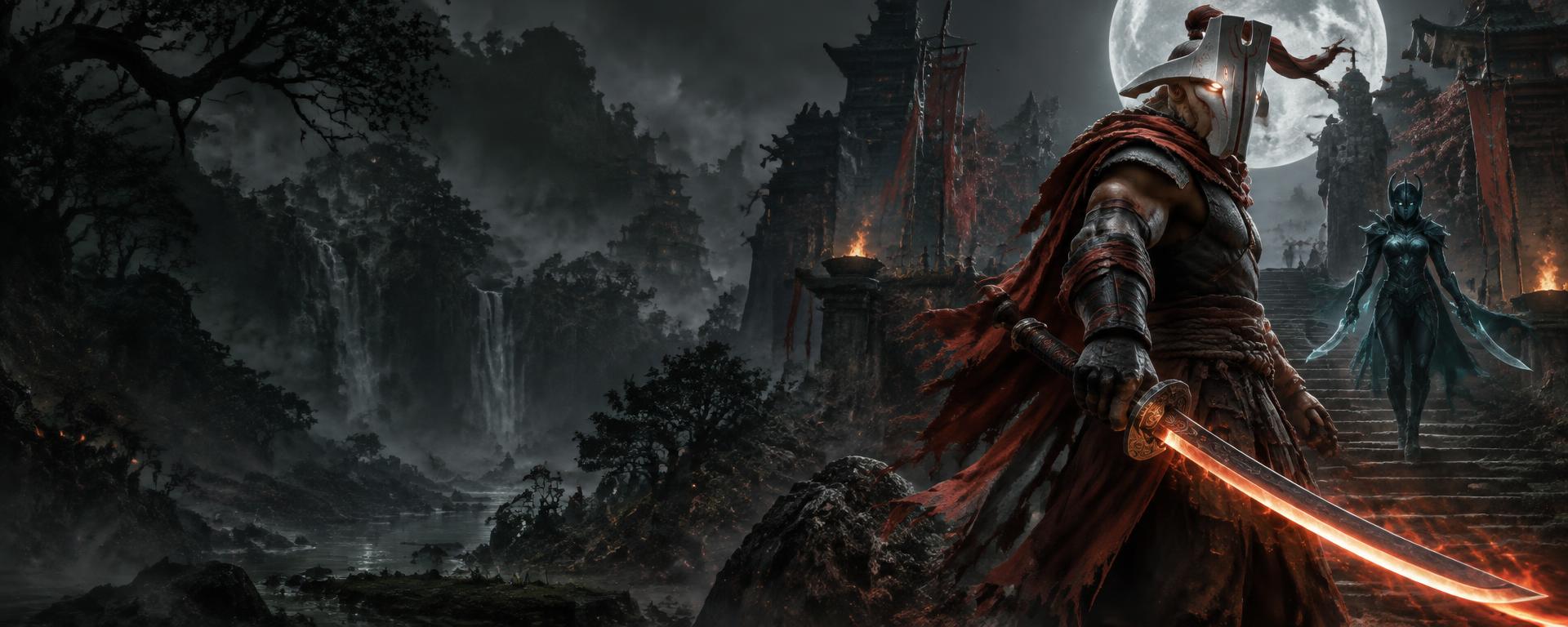 Masked Dota-inspired warrior with a glowing blade in an ancient temple